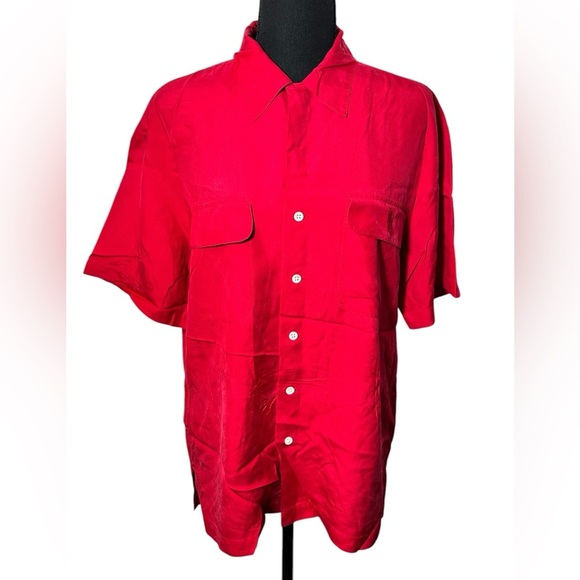 Ralph Lauren Vintage Red Button Front 100% Silk Blouse Size 6 Front Chest Pocket - Picture 1 of 5